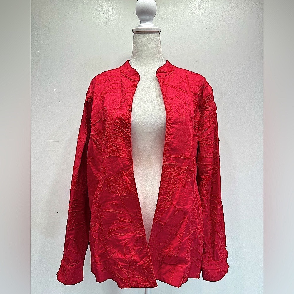 Chico’s Red 100% Cotton Leaf Appliqué and Embroidery Open Front Jacket Size 2/L